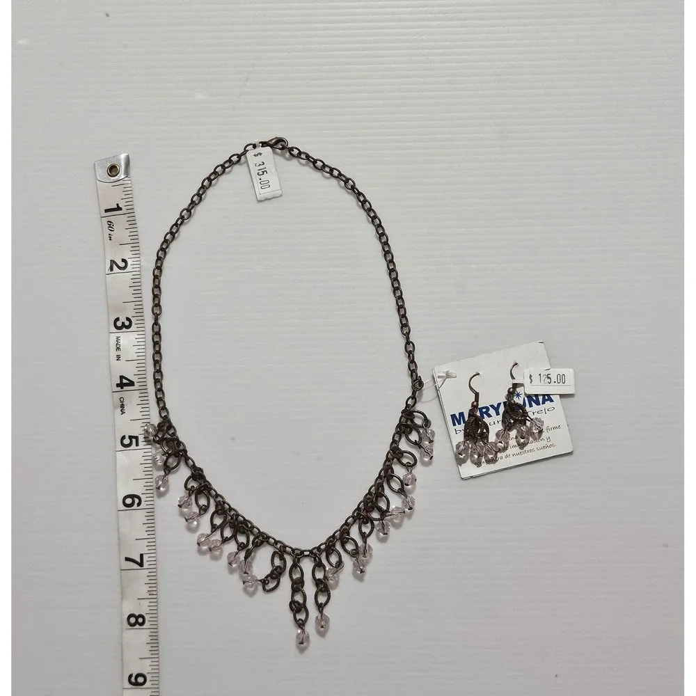 Mary Luna by Lourdes Trejo Pink Crystal Bib Necklace and Earring Set Copper Tone